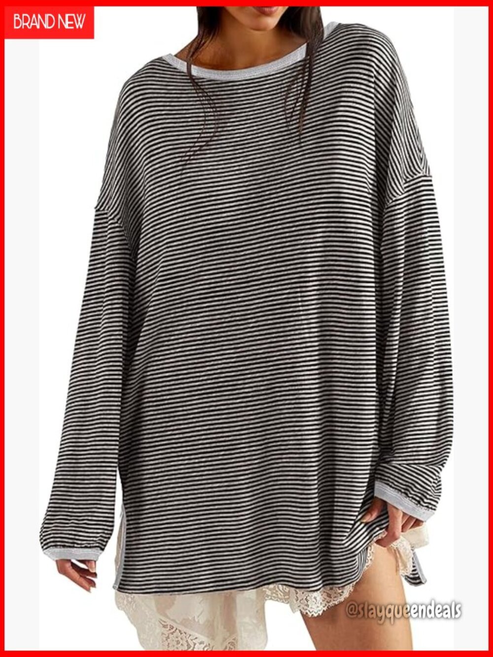 Oversized Striped Long Sleeve Crewneck Tee Side Slit Casual Top
